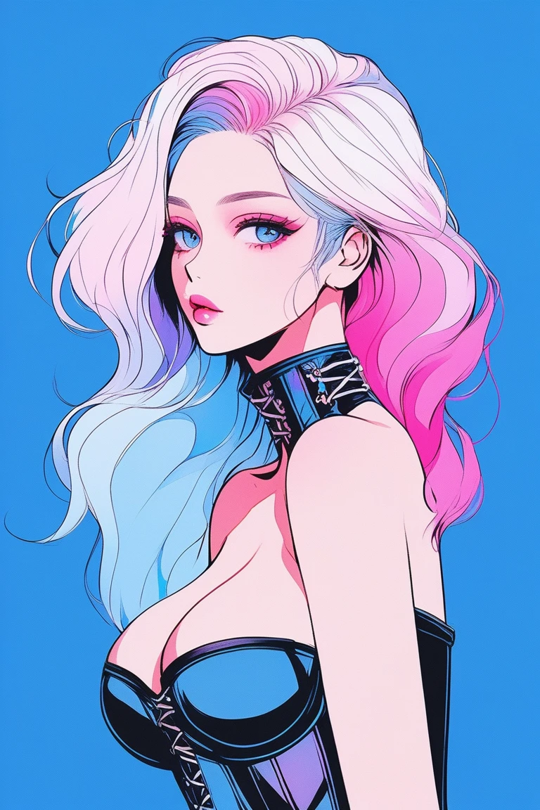 Illustrator, anime , Realistic ,sketch , 1 person, model, lip, She is wearing a strapless, corset-like bodysuit., order, Blue and pink gradient background, Neon colored hair, Big Breasts, Upper body close-up, look back, Sexy look, Sexy pose, Texture Trim, Russia, (masterpiece,Highest quality)
