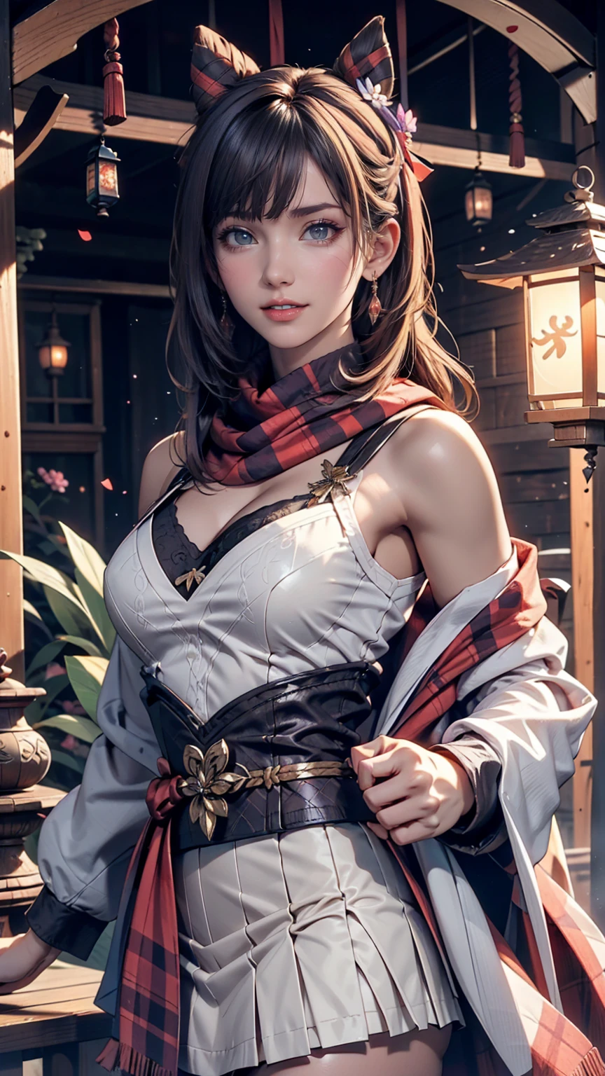 (Realistic painting style:0.9), masterpiece, Highest quality, Absurd, View your viewers, alone, Stingy (Lantern Ceremony) (Genshin Impact), Stingy (Genshin Impact), Hair Bun, skirt, scarf, purple sweater, white skirt, Purple Hair, sweater, Twin tails, Purple eyes, Diamond-shaped pupils, hair ornaments, Exposing shoulders, smile, chest, cone Hair Bun, Long Hair, belt, Double Bang, Long sleeve, bangs, bow, Hair Flower, hair bow,ribbon, hair ribbon, Braiding, Plaid scarf, Plaid, Off the shoulder