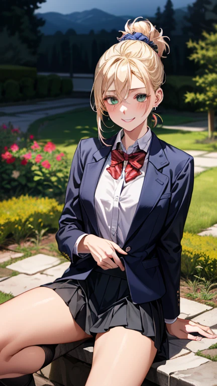 (masterpiece:1.3, Highest quality, Ultra-high resolution, Super detailed), (Realistic, photoRealistic:1.4), Beautiful illustrations, Perfect lighting, colorful, Depth of written boundary,
Beautiful detailed hair, Beautifully detailed face, Beautiful attention to detail, Beautiful clavicle, Beautiful body, Beautiful breasts, Beautiful thighs, Beautiful feet, Beautiful fingers,
View your viewers, 1 person, Japanese, high school girl, Perfect Face, (Perfect Anatomy, Anatomically correct), Cute and symmetrical face, Baby Face, , Glowing Skin,
(Mid-length hair:1.5, Topknot, Hair loss, Blonde), Hair between the eyes, Dark green eyes, Droopy eyes, Big eyes, Long eyelashes, (Medium chest), thin,
((Navy Blazer, White collared shirt, nabuto pleated skirt)), Dark red bow tie, Earrings, Hair Scrunchie,
(Beautiful views), evening, (garden), Are standing, Place your hands between your legs, (Cute smile, Upward glance, Open your mouth),