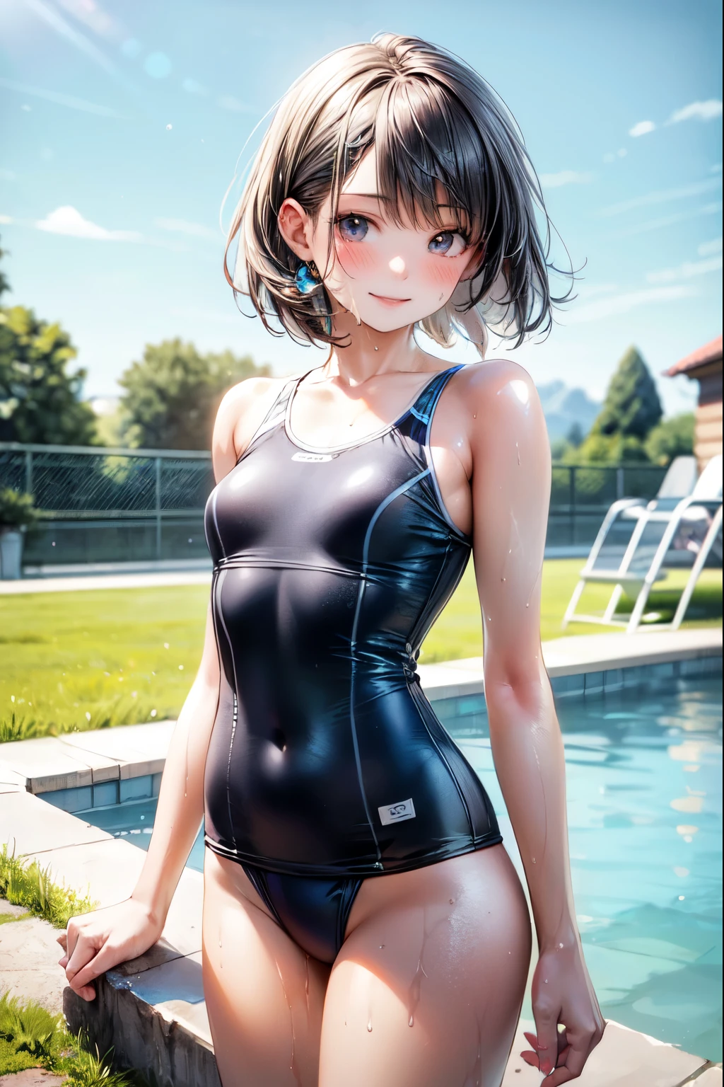Highest quality、High resolution、Detailed Background、(Beautiful face in every detail:1.4)、Anatomically correct、(Detailed facial expressions)、(Fine grain:1.2)、Teenage Beauty、Cute hair colour、Braided bob cut、Junior competitive swimmer, ((Turtleneck one-piece swimsuit)), Clear metallic green swimsuit, Small breasts、Perfect body line、Thick thighs、((Full body shot)), View your viewers, Poolside, Wet Skin, School swimming pool、 I'm tired from practice and a little sleepy., Gentle smile、Fun atmosphere、Cute gestures