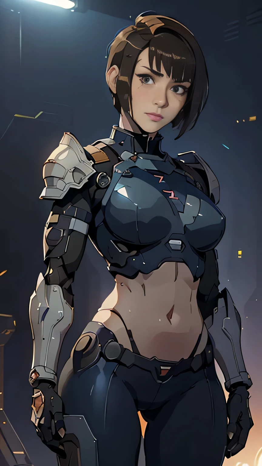 photo of mlp Meowko, RAW, beautiful woman, ((portrait)), ((detailed face:1.2)), ((anime face, anime facial feature, clear skin, glossy anime lips, clear skin), (short lesbian haircut, brunette: 1.55), (perfect proportioned body, Strong, muscular, narrow waist, narrow hips, skinny, large breasts, exposed belly button), ((she wears a detailed tactical N-7 gear:1.1), (body armor, shoulder armor, forearm armor:1.1), combat pants, gloves, (intricate Sci-Fi background, mecha background, metropolis:1.1), (realistic photo, best quality, detailed), (8k wallpaper), (bright cinematic lighting, lens flares, beautiful light, (noon:1.3)) (sharp focus, intricate)