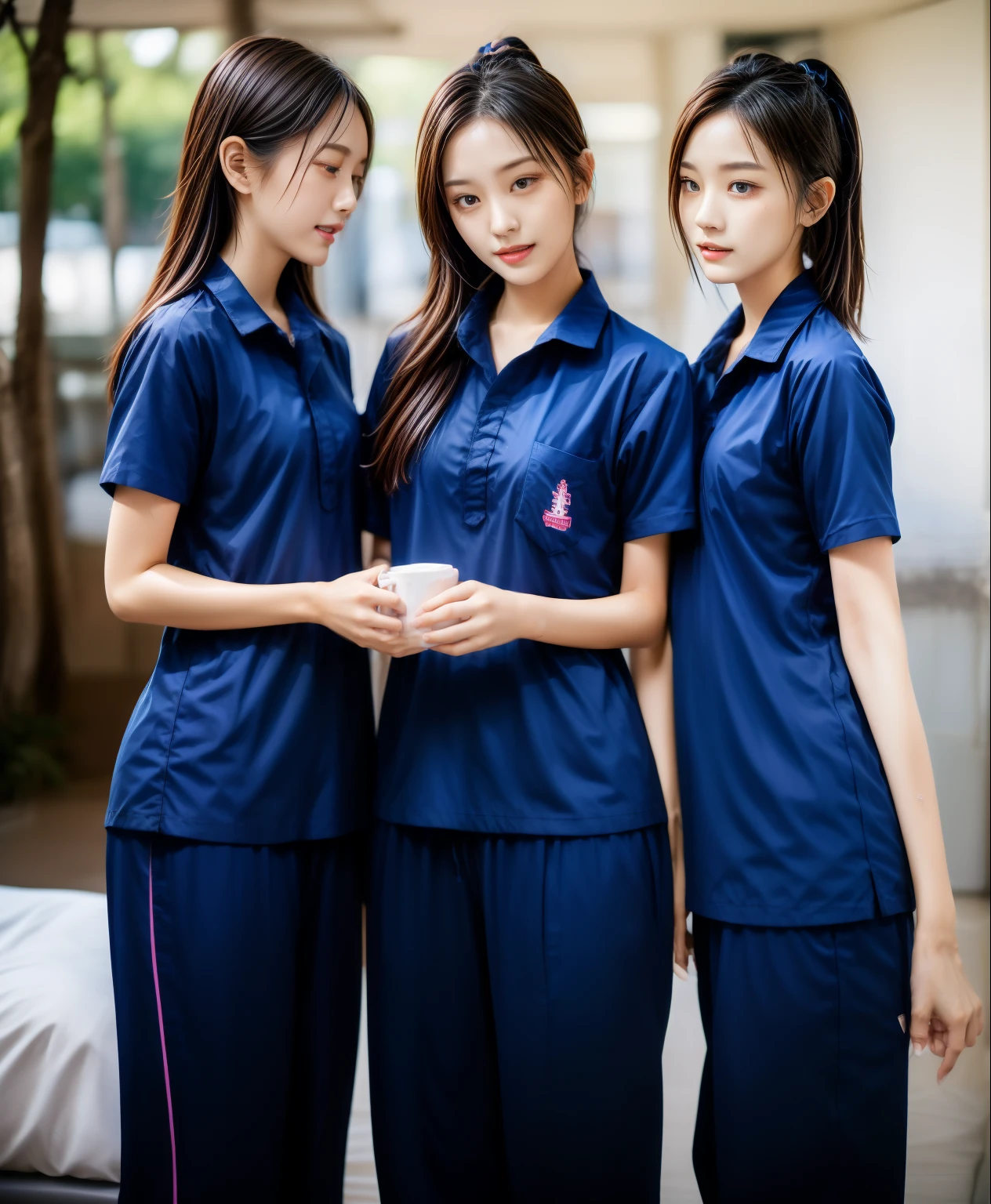 3 girls sleep on bed, Navy blue short-sleeved shirt,Navy Long Trackpant,Sweatpants, Sweatpantsขายาว,25 year old girl, lesbian, sexy, exercise clothes, wet body, exercise clothes
