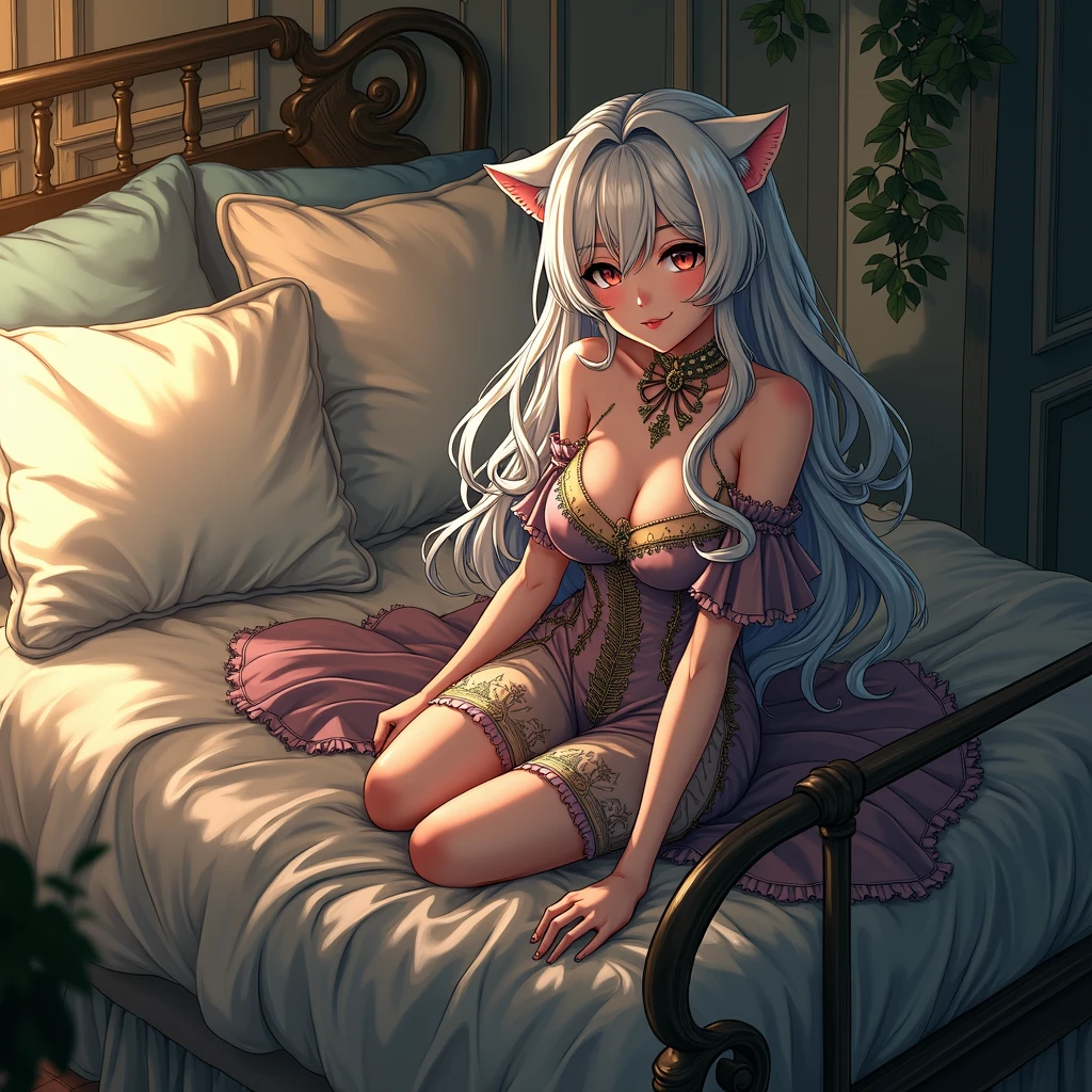 Long-haired anime girl sitting on bed, cat ears, from the girl front, cute anime waifu wearing beautiful clothes, seductive anime girl, white-haired deity, exquisite details. in dress, anime 4k