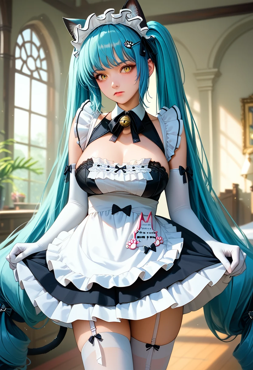 (miku hatsune:1.2)、Normal、top-quality、Photorealsitic、(superfine illustration)、 (High resolution)、beautiful attractive anime girl、Seductive Woman、slenderbody、Tied hair、((One girl:1.5))、women's pictures、Full body shot、Beautiful blue eyes、A smile、(classic maid dress:1.3)、Elegant Maid Clothes、(Lift the hem of the skirt)、Clearly visible underwear、Long skirt、Erotic see-through panties、