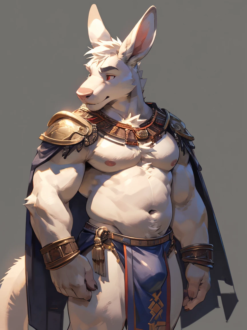 Solo, male, albino kangaroo, in one color tone, with long ears, wearing gladiator shoulder cape, navel showing, in fancy loincloth, chest, big chest view, ((focus body, furry focus, shades focus, body shades)) (((gray background, gray wallpaper, one color))), by darkgem, by mystikfox61, by glitter trap boy, albino, all white fur, red eyes, pink nose, navel, bulge, full body view, kangaroo tail