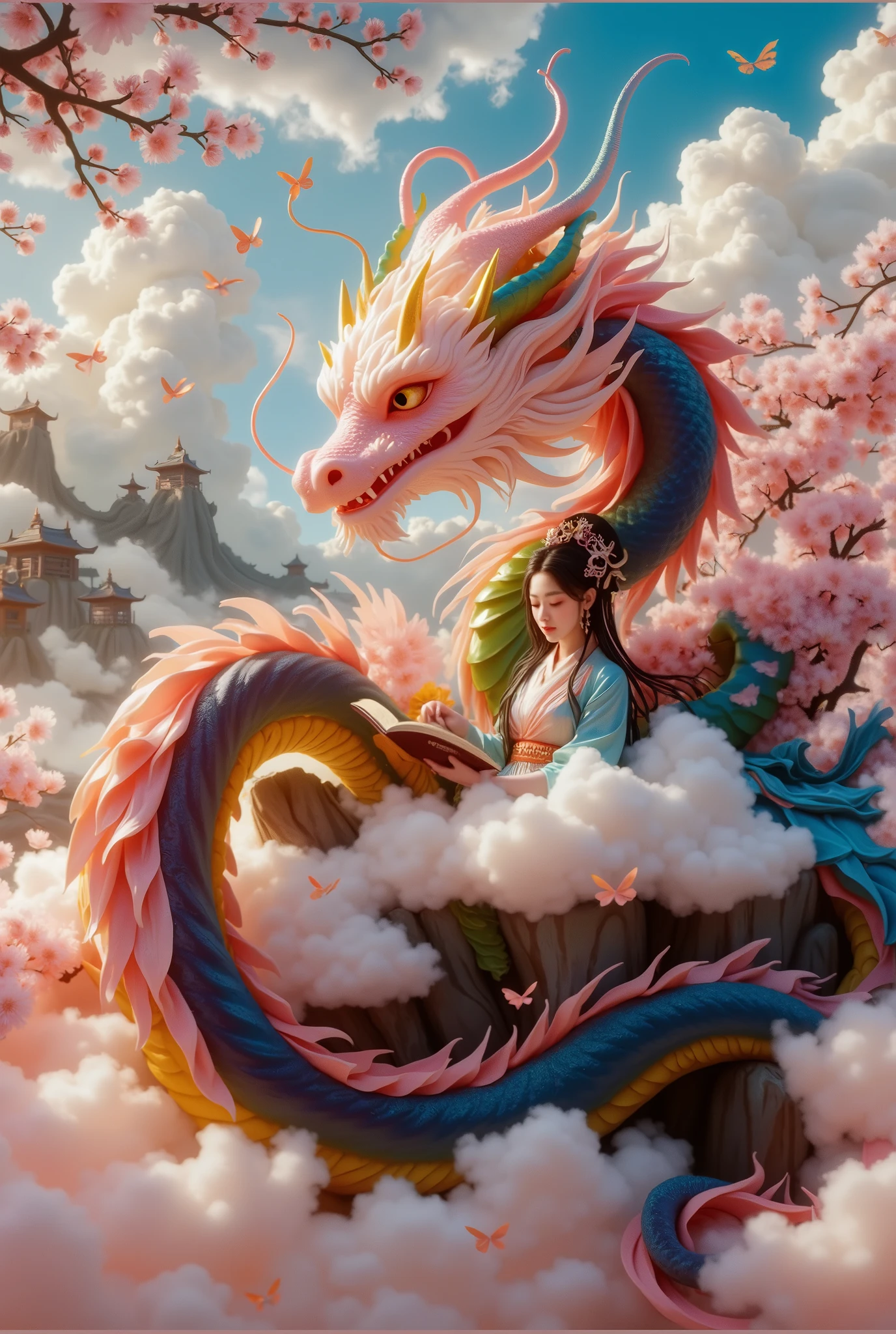 [Vision:1.0]，[Wide Angle:1.0]，Dragon sleeping on clouds, translucent glass brush, Sakura and gold style, anime aesthetics, furry art, pink, elaborate, 3d, C4D rendering, 8k, super high detail, Bright colors，Bright，Ultra high saturation，rgb, Colorful)，(High contrast:1.5)，(whole body:1.8), magazine photography，Popular on social platforms，((Dopamineism))，(((Dopamine color matching)))，Dopamine，(in the style of Y2K)，Luo Erchun，Three-dimensional ancient style，Oriental poetry and painting