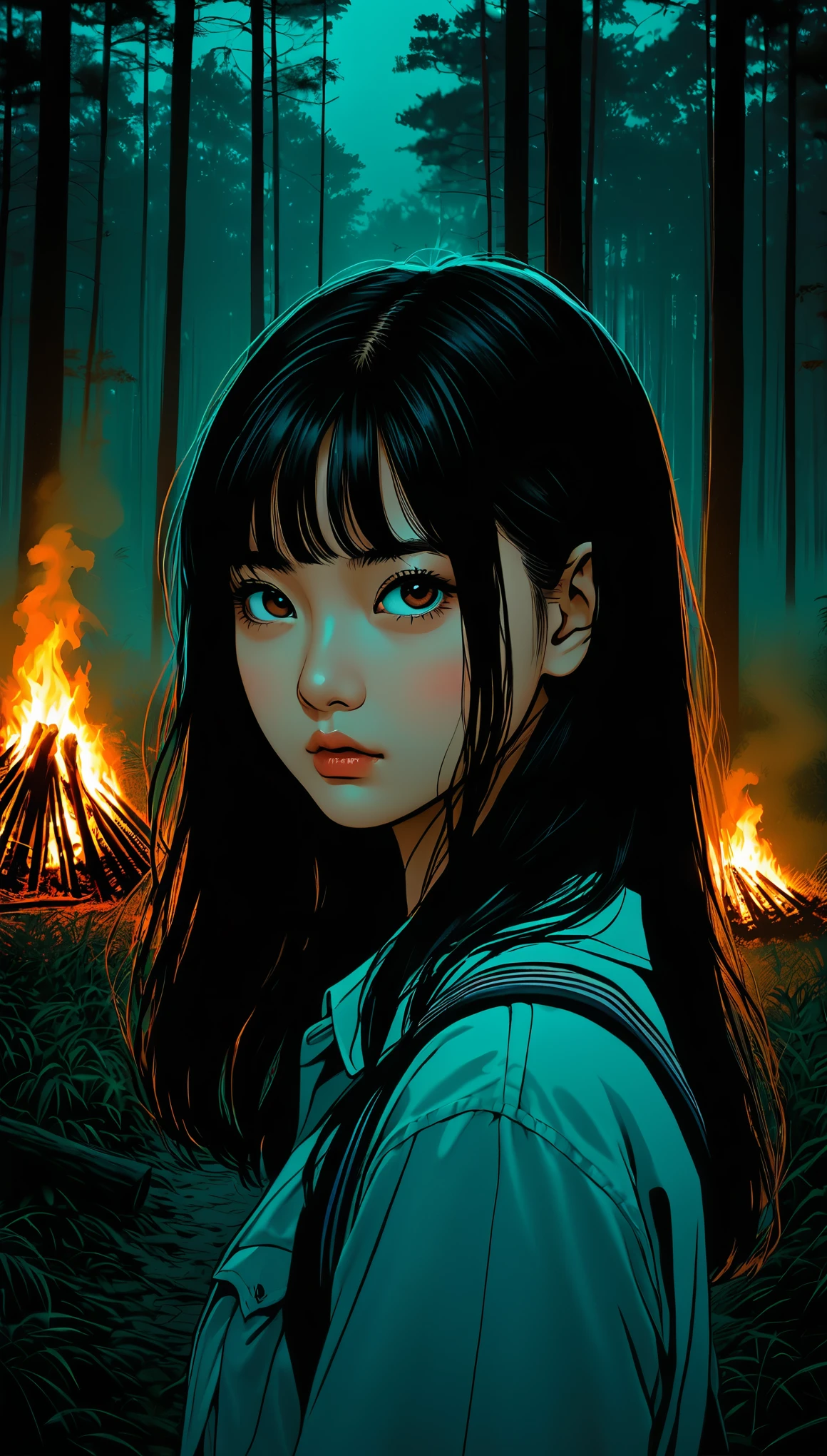 An illustration、art、80s Thai horror movie poster, Supervised by Junji Ito、(high school girl:1.2)、night、Bonfire、forest、Attention to detail, Realistic Shadows、Analog Style, chromatic aberration, Surrealism、Complementary Gradient