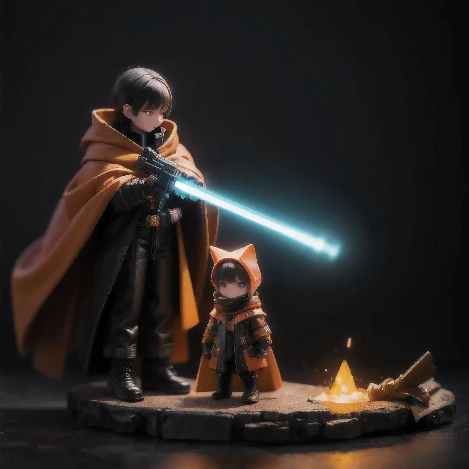 Black gold silk cyberpunk mine snow light orange rough linen cloak 6Trump lightsaber space floating 1:6 Miniatures，illustration