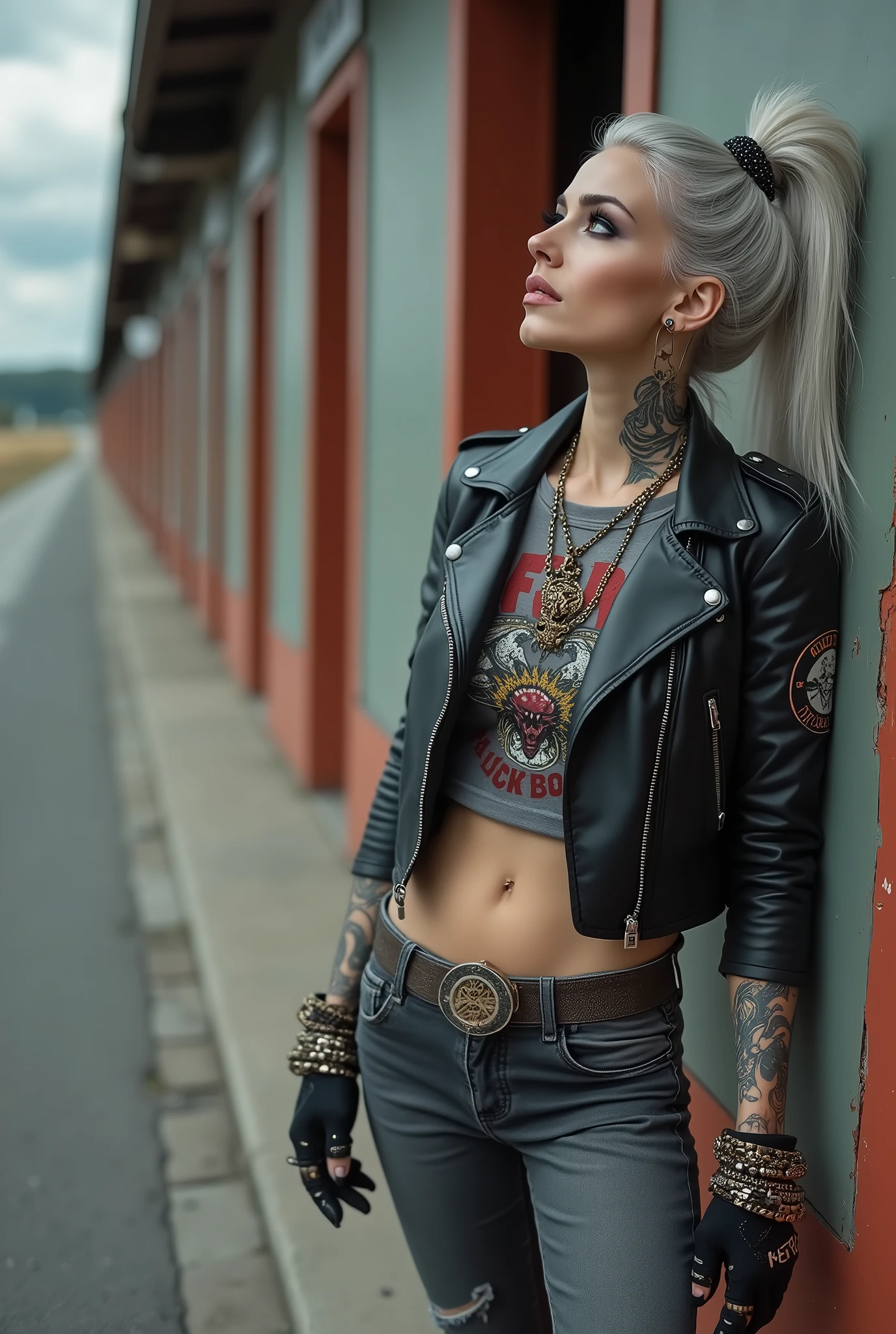 russian old milf woman, biker gang member, long grey hair (top bun wirh high pouf) with very light blue eyes, extremely pale, heavy eye shadows. Thin. Sad, humbled face, smeared excessive make up and smeared excessive dark red lipstick Wearing cropped black moto jacket, black cropped t-shirt with rock band logo, skinny black jeans and white tennis sneakers. Lots of metallic bracelets. Big pentacle pendant Tacky wide belt with massive skull and bones buckle . Demonic tattoos. Lots of rings. Wide loop earrings. Looks up with amazement because she thinks God is talking to her, mouth and eyes open. Toned abs, long neck, thin arms and legs