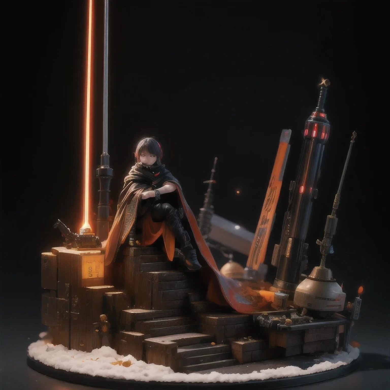 Black gold sil如k cyberpunk mine snow light orange rough linen cloak 6Trump lightsaber space floating 1:6 Miniatures,illustration