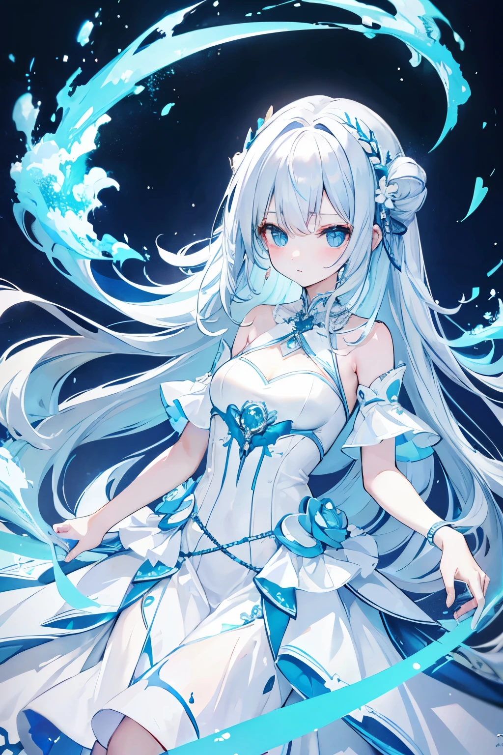 Long silver blue hair、Cyan Eyes, fancy white and blue dress
