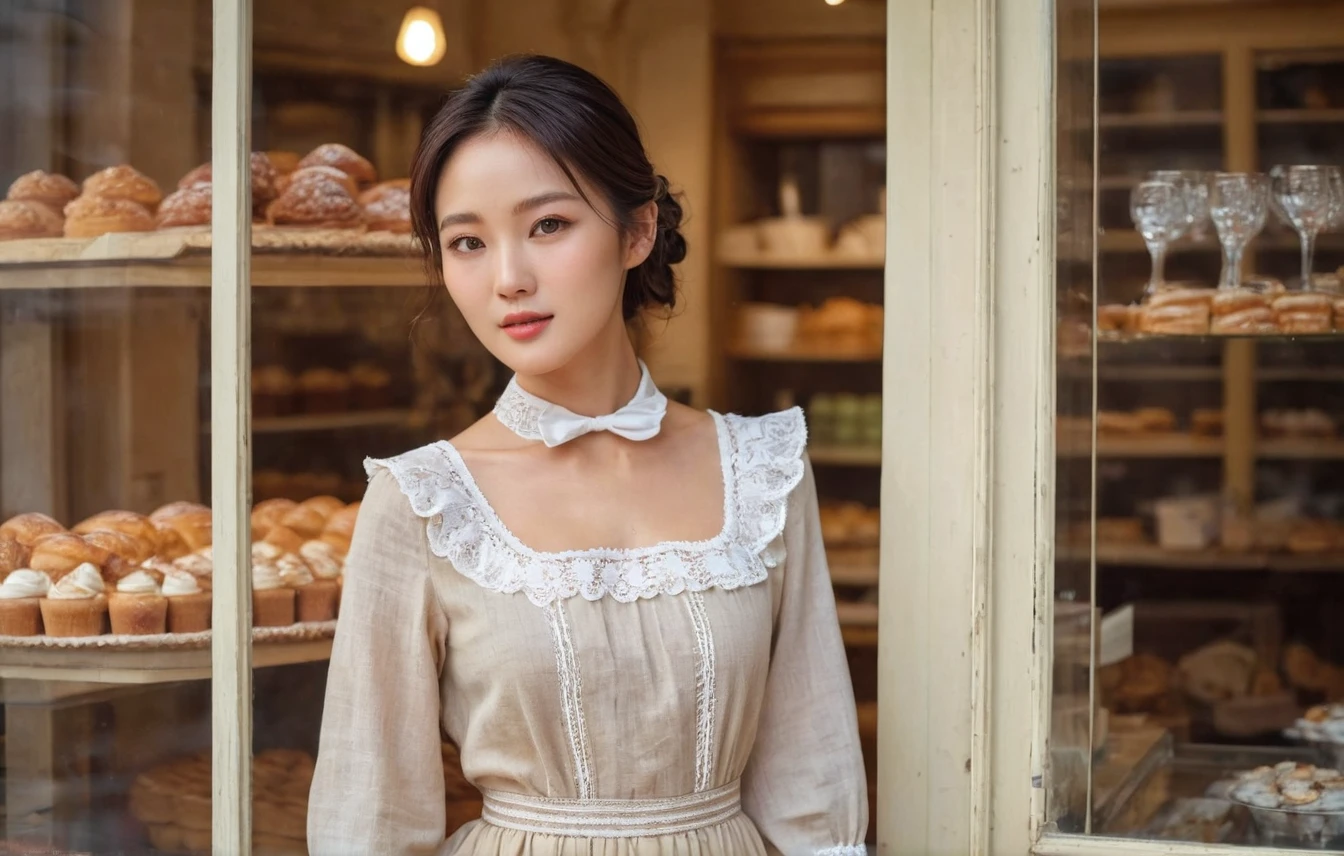 instagram photo, portrait photo,40 y.o, breathtakingly beautiful korean japanese woman, eyes sparkling with joy, she stands at a vintage bakery shop, side dutch pose, ((turn towards right side)), (masterpiece), (8K, realistic, RAW photo, best quality: 1.4), (1 woman), preppy model, feminine, (cute face), (incredibly beautiful body), top-quality, ​masterpiece, high resolution, Photorealistic, highly detailed, true to life, detailed eyes, detailed beautiful skin at ears, (no earrings), life-like detailed beautiful brown eyes, beautiful detailed ((styled loose Updo hair, long black brown relaxed hair)), (((hair tucked behind ears))), extremely detailed skin, slight skin blemish, moist nude lips, (exceptional delicate perfect ears), hyper realistic, big dark brown eyes, sincere, confident, mesmerizing eyes,(double eyelid), (realistic face), ((fresh dewy healthy skin texture)),nice teeth, (moist lips)), light natural makeup, translucent white skin, realistic eyes, round iris black pupils, sparkly eyes, beautiful ear skin texture, (realistic skin), attractive, ultra high resolution, extremely realistic, wearing a feminine romantic cottage apron white dress long sleeves, intricate detailed blend of linen white cotton fabric and lace detailed stitching to create delicate frill dress embroidered detail on the chest, a delicate thin velvet ribbon neck princess bow, pleated at waist mid-length a-line skirt, beige brown colors fashionable feminine elegance by Max Mara Ready-to-Wear Collection, very detailed, golden ratio, full view whole body photograph, graceful, effortlessly,serene eyes, natural morning daylight, background: a french bakery shop with glass Victorian door, Raw photography, (no jewelry), bare nude skin at neck, (nude ears), Realistic,sharp focus,(intricate:1.03), Hyper Real, sharp focus side body, no earrings, nude soft ears, overall mood is a crisp morning serene nostalgic vintage bakery interior design, depth of field, highly detailed