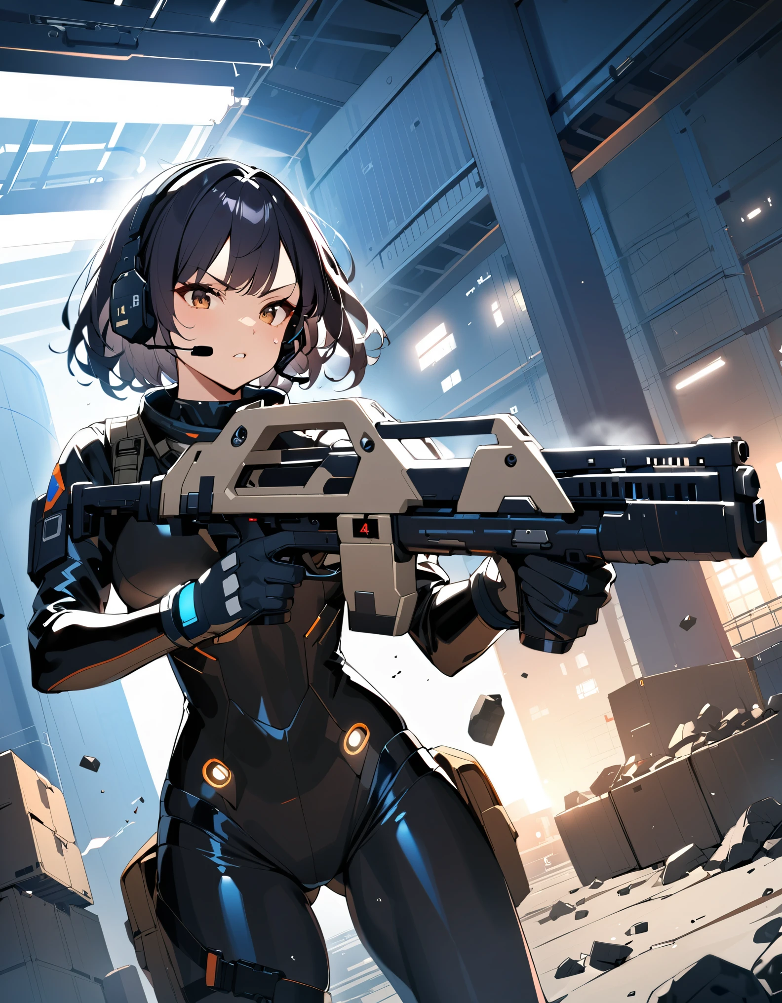 1girl, solo, short hair, black hair, brown eyes, skintight, astronaut, black leatord, tactical gear, gloves, headset, sweat, serious expression, holding gun, m41apls, aiming, trigger discipline, dutch angle, indoors, warehouse, dark, night, debris, backlighting, new york backdrop, smoke, best quality, masterpiece, alien creature behind her.