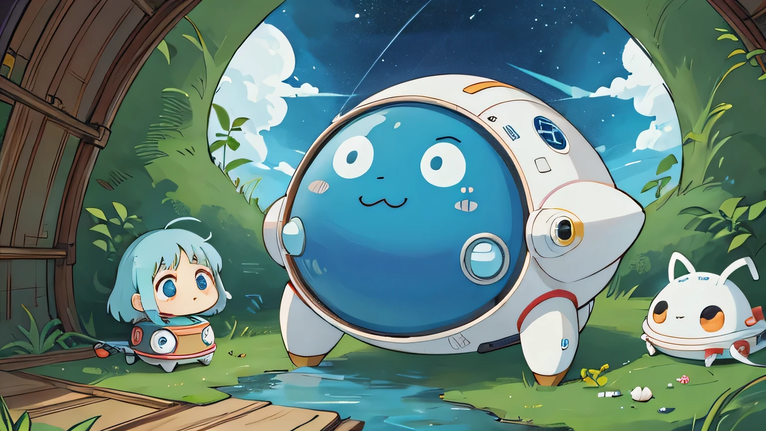 Hayao Miyazaki style、Kawaii Design, most beautiful girl ever、chibi, ((Inside the spaceship)))、Cute Aliens