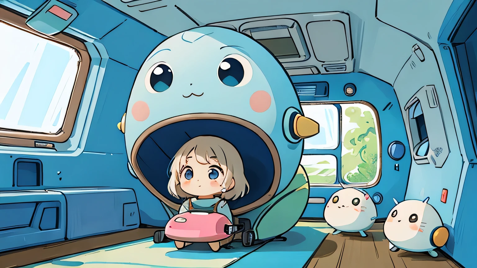 Hayao Miyazaki style、Kawaii Design, most beautiful girl ever、chibi, ((Inside the spaceship)))、Cute Aliens