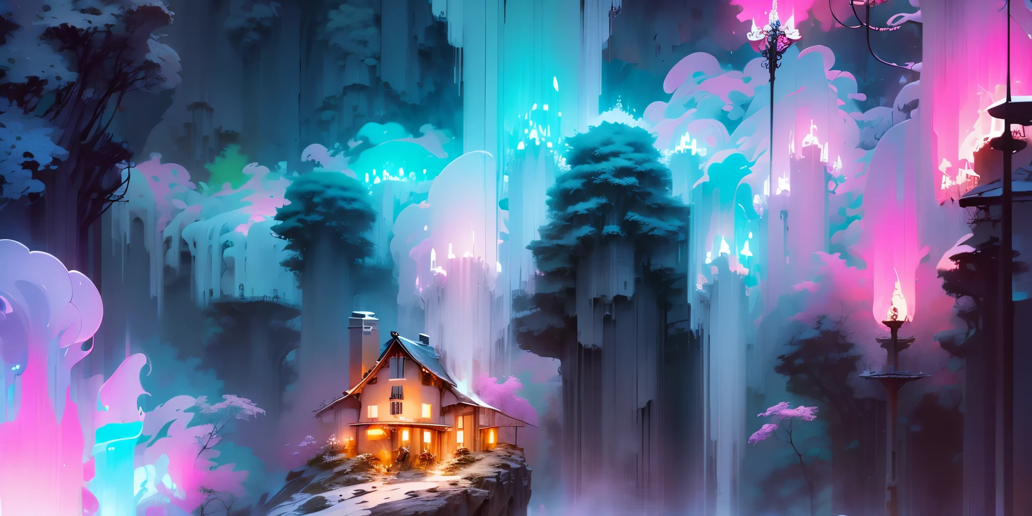 Dessinez un poster d'un village, dans le style lofi, décoration féérique, cascade de lumière, grotte, stalagmites, stalactites, champignon, cristaux, la nuit, belle palette de couleurs varié, couleurs saturées vibrantes, œuvre d'art, aucun humain, thème lumineux.