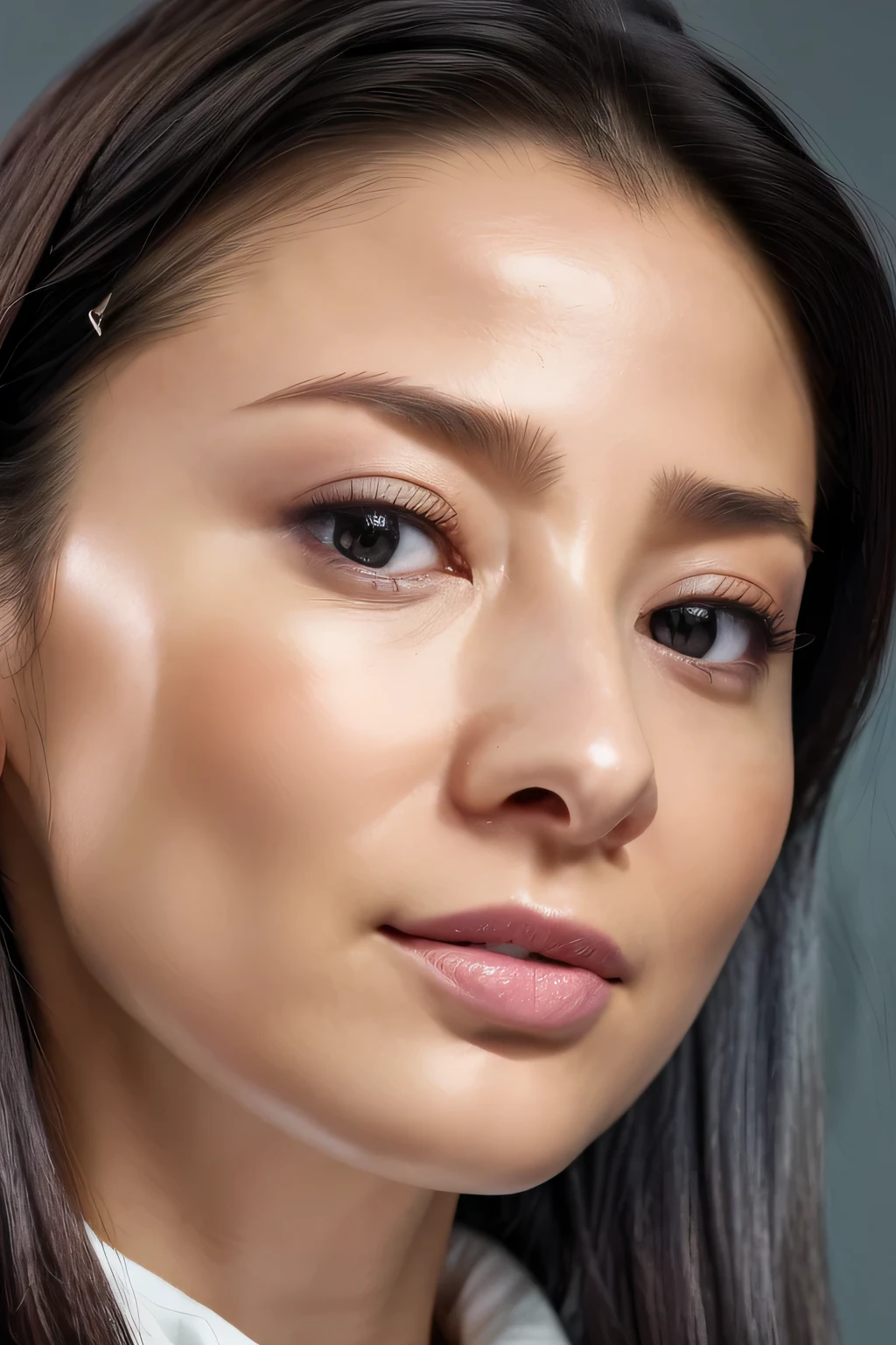 Taylor Hill、High resolution realistic photos,8k,Realistic skin texture,to be born々New People々々々々々,1 person,Tabletop,,Awards - Winning Photos, Very detailed, close your eyes, Nose and mouth,Face Focus, Extreme close up of face、Woman with open mouth and close your eyes, Black camisole、20-year-old,Black-haired、Symmetrical face,Realistic nostrils、Angle from below、Elongated C-shaped nostrils,((Gray background))、Sweaty skin、Lighting that highlights glowing skin caused by sweat、((Sharp Nose))Skin shiny with sweat、Glowing Skin、Sweaty hair、sunlight、(Brow wrinkles)((Frowning))、((Thin eyebrows))((Oily skin、Glowing Skin))、double eyelid、Tied Hair、updo、Lift your head((Super wet skin))(((Profile with a wide nasal septum,nasal septum,profile)))Beautiful Japan actress,(Face close-up)(((Profile with a wide nasal septum,nasal septum,profile)))(((profile)))