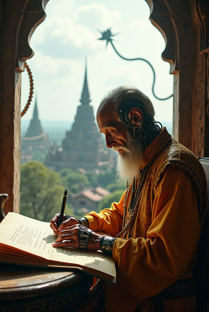 Old Man half robot stream age style and writing on the paper with Burmese ancient traditional style he has a window background scenery is floating Bagan palace connect with pipe line and chain