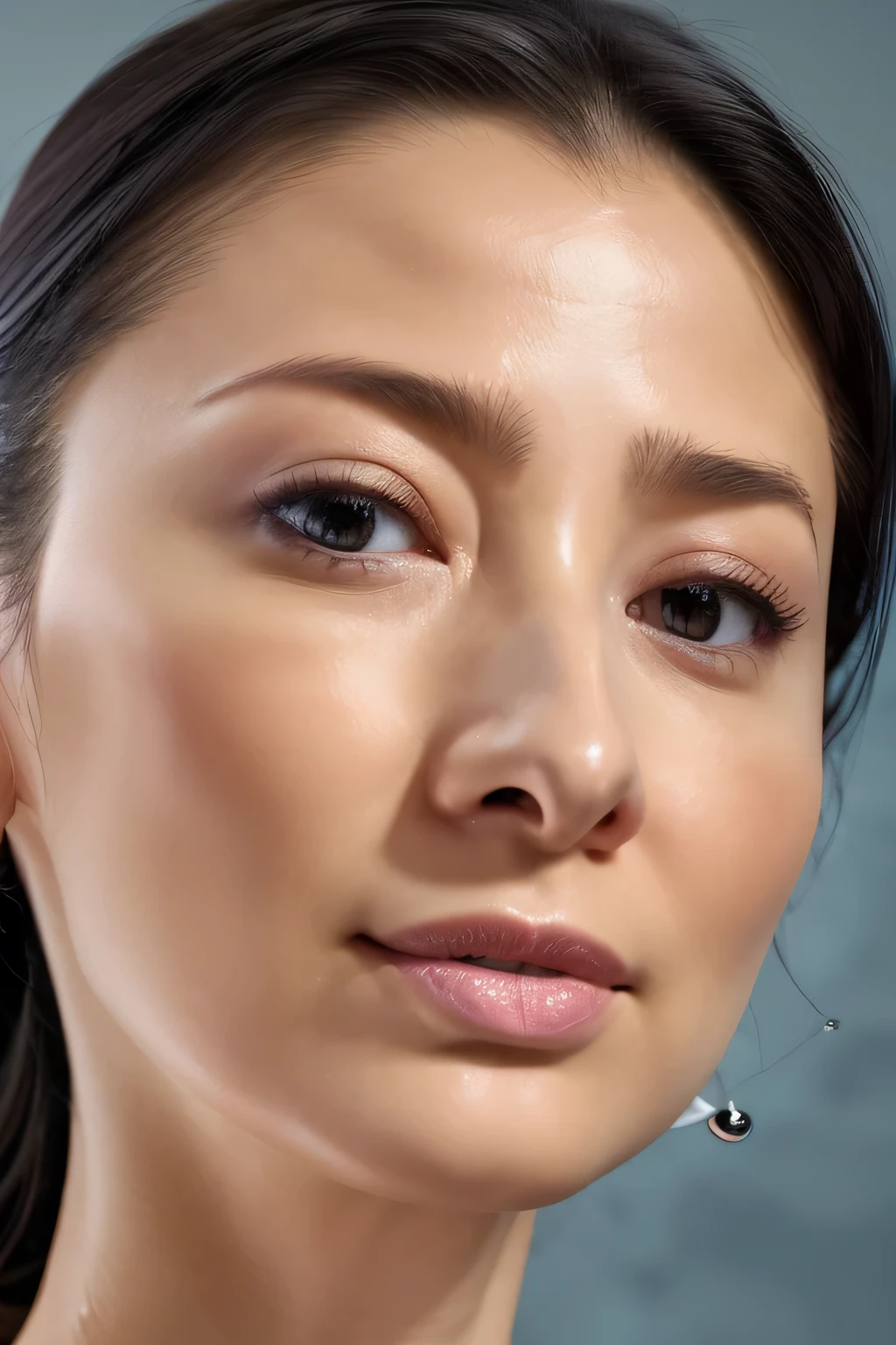 Taylor Hill、High resolution realistic photos,8k,Realistic skin texture,to be born々New People々々々々々,1 person,Tabletop,,Awards - Winning Photos, Very detailed, close your eyes, Nose and mouth,Face Focus, Extreme close up of face、Woman with open mouth and close your eyes, Black camisole、20-year-old,Black-haired、Symmetrical face,Realistic nostrils、Angle from below、Elongated C-shaped nostrils,((Gray background))、Sweaty skin、Lighting that highlights glowing skin caused by sweat、((Sharp Nose))Skin shiny with sweat、Glowing Skin、Sweaty hair、sunlight、(Brow wrinkles)((Frowning))、((Thin eyebrows))((Oily skin、Glowing Skin))、double eyelid、Tied Hair、updo、Lift your head((Super wet skin))(((Profile with a wide nasal septum,nasal septum,profile)))Beautiful Japan actress,