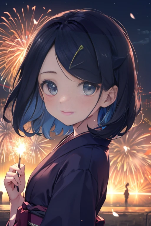 (masterpiece, Highest quality, 8K ultra-high resolution:1.4), Pokemon Riko, (A colorful navy blue yukata, night: 1.4), (Summer festival), ((turn around)), Beautiful Eyes,Flash photography, Backlight, ((Close-up of face:1.4)), (The best smile of my lover:1.4), Smile brightly, Open your mouth, Show the yakisoba to the camera, Written boundary depth, Dramatic portrayal, (Colorful fireworks background), Focus of the film, , Emotional composition, Emotional engine full throttle BREAK Young and cute, Slender body, Flat Chest, Highly detailed glossy skin,Sweat, 完璧なPokemon Riko
, Wind, detailed in the Wind, petals dancing in the Wind
BREAK
ultra detailed crystal eyes, Eyes like shining jewels