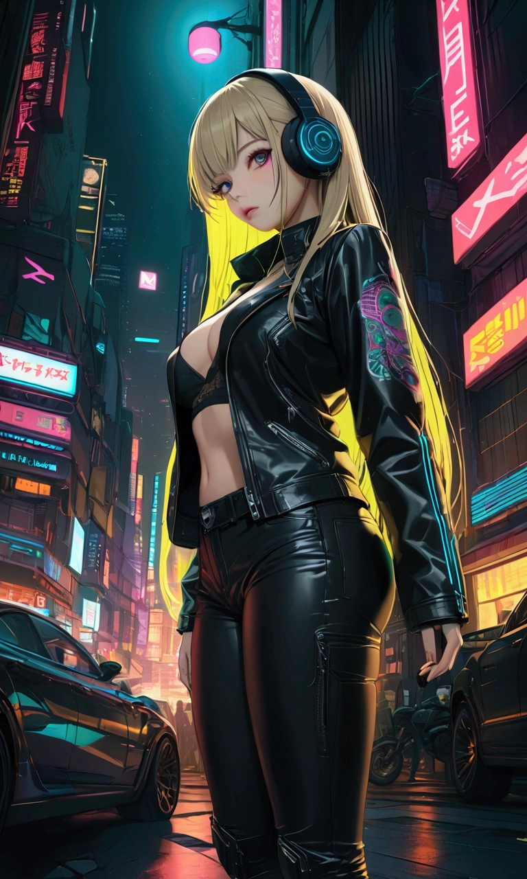 金髪の女性がcyber punkの街に立っている,Full body portrait,Looking into the camera(((Highest quality))),(((超detailed))),(((masterpiece))),shape,極限までdetailedに,超High resolution,最大detailed表示,Hyper Detail,Clear detailed,Great quality,Super detailed,can'can't believe it,High resolution,16K,detailed,Most authentic,Shiny solid color,(((cyber punk))),Outdoor,Neon night view,Shinjuku,(Surreal),((masterpiece, Highest quality, Extremely detailed CG, unity 8k wallpaper, Cinema Lighting, )), Attention to detail, Golden Ratio Perfect Body, Blonde long hair, Wearing a black leather jacket,Wearing black jeans,A heart tattoo under the left eye., Seducing the viewer with captivating eyes, Beautiful Art Ultra HD 8K, 8Kの非常にdetailedなデジタルアート,cyber punk,{{{Neon night view}}},A very complicated background,Shinjuku,headphone,Cyber Gadget,A large motorcycle with a glossy black body and neon lines
