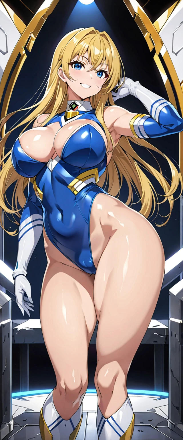 ((masterpiece)), ((Ultra quality)), ((super detailed)), ((high resolution)), ((8k)), a beautiful woman, ((She is one of the most famous actress in Japan.)), unparalleled beauty, ((large breast:1.4)), ((large ass)), ((deep cleavage)), slim waist, chest out, ultra detailed face, perfect skin, (((waist length hair, ((long straight golden hair)), crossed bangs))), ((blue eyes)), detailed eyes, whole body image, sexy, an inviting smile, sensual, (((anime))), ((glamorous)), sexual attraction, ((23 years old)), ((incredibly beautiful woman)), ((The H cup bust)), ((sexy pose)), ((neat and clean.)), (((Power Ranger))), heroine, (((high leg cut leotard, white line on blue colored leotard power suit))), ((beautiful breasts)), beautiful legs, 8 life size, anime:1.4, the most beautiful and strongest, ((charm)), ((British beauty)), ((((gravure pose)))),