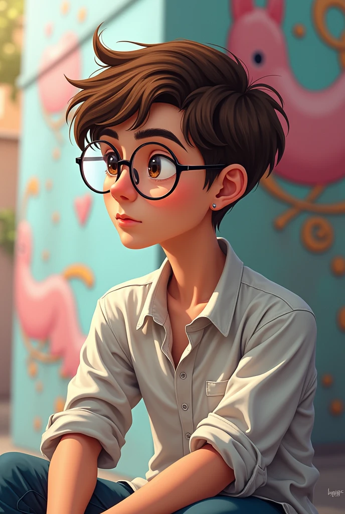 Create a boy with glasses, not smiling but not serious either, in profile and of legal age. Caricature-like.