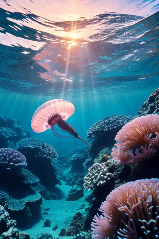 jellyfish, Underwater seascape, Crystal clear seawater, Sunlight sparkling on the waves, School of tropical fish, Vibrant marine life, Calm and tranquil underwater environment, Ultra-realistic, 8k, Realistic, Cinema Lighting, Stunning colors, masterpiece