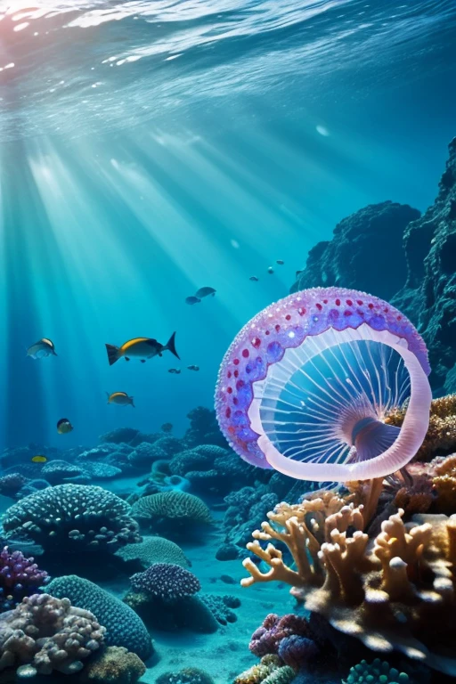 jellyfish, Underwater seascape, Crystal clear seawater, Sunlight sparkling on the waves, School of tropical fish, Vibrant marine life, Calm and tranquil underwater environment, Ultra-realistic, 8k, Realistic, Cinema Lighting, Stunning colors, masterpiece