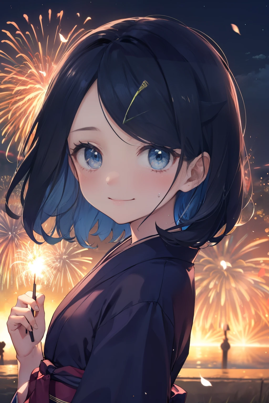 (masterpiece, Highest quality, 8K ultra-high resolution:1.4), Pokemon Riko, (A colorful navy blue yukata, night: 1.4), (Summer festival), ((turn around)), Beautiful Eyes,Flash photography, Backlight,  ((Close-up of face:1.4)), (The best smile of my lover:1.4), Smile brightly, Open your mouth, Show the yakisoba to the camera, Written boundary depth, Dramatic portrayal, (Colorful fireworks background), Focus of the film, , Emotional composition, Emotional engine full throttle BREAK Young and cute, Slender body, Flat Chest, Highly detailed glossy skin,Sweat,  完璧なPokemon Riko
, Wind, detailed in the Wind, petals dancing in the Wind
BREAK
ultra detailed crystal eyes, Eyes like shining jewels