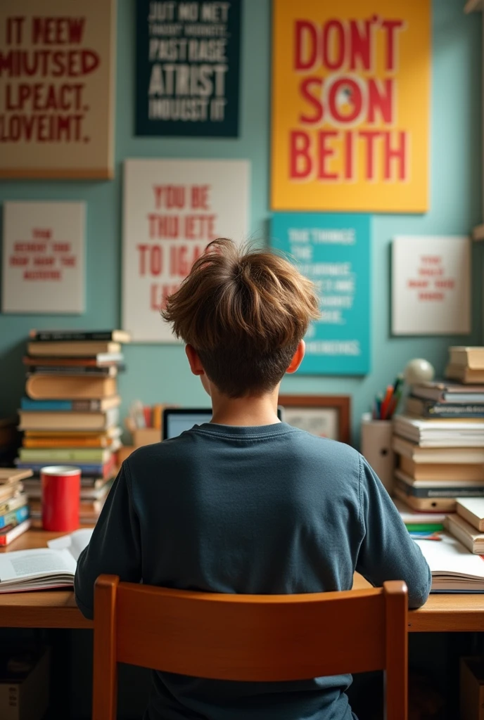 A 20 years old boy backside seen. He sit in the the chair and some books in the table and the wall big aims quotes