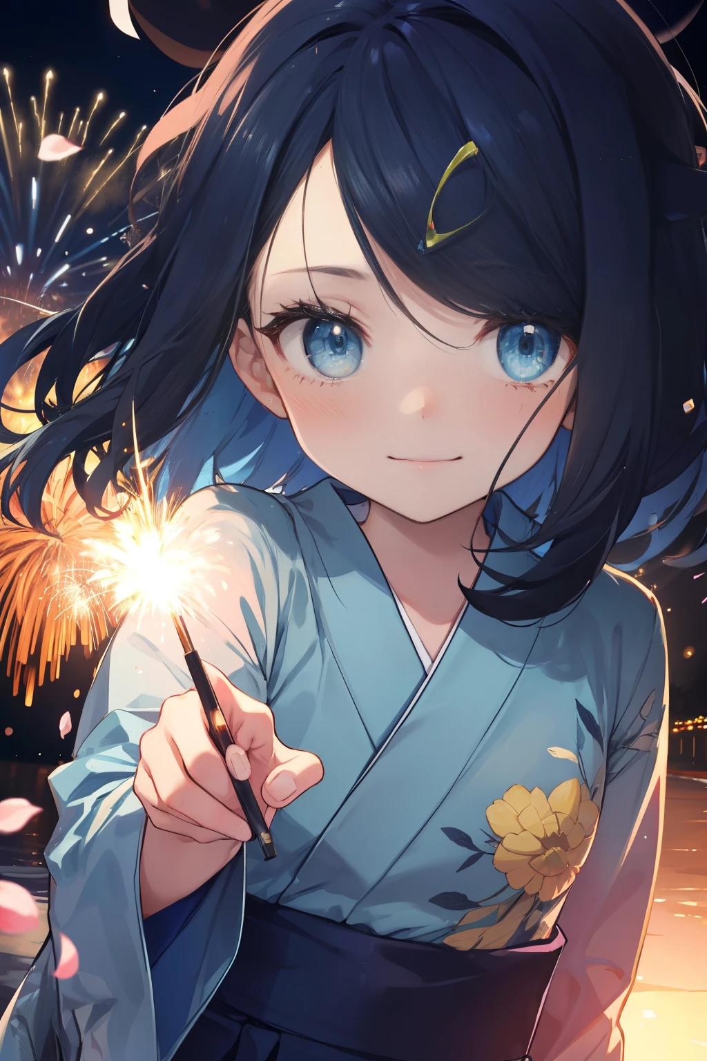 (masterpiece, Highest quality, 8K ultra-high resolution:1.4), Pokemon Riko, (A colorful navy blue yukata, night: 1.4), (Summer festival), ((turn around)), Beautiful Eyes,Flash photography, Backlight,  ((Close-up of face:1.4)), (The best smile of my lover:1.4), Smile brightly, Open your mouth, Show the yakisoba to the camera, Written boundary depth, Dramatic portrayal, (Colorful fireworks background), Focus of the film, , Emotional composition, Emotional engine full throttle BREAK Young and cute, Slender body, Flat Chest, Highly detailed glossy skin,Sweat,  完璧なPokemon Riko
, Wind, detailed in the Wind, petals dancing in the Wind
BREAK
ultra detailed crystal eyes, Eyes like shining jewels