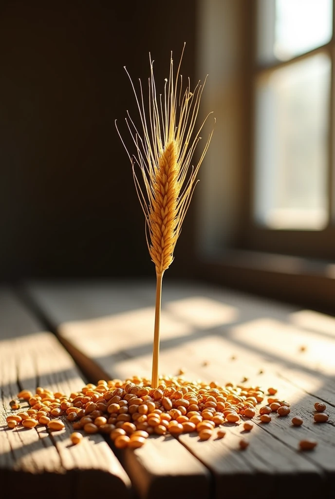 A photo of one ear of wheat and grains on the table