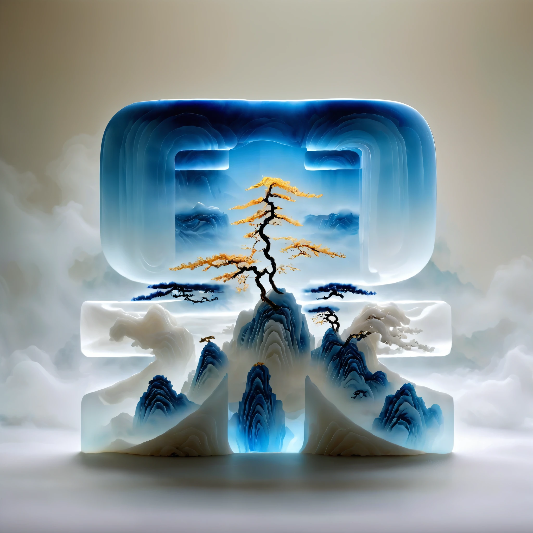 Micro landscape pattern carved on blue and white porcelain vase，Translucent glass material,Blue-white gradient,Traditional Chinese landscape painting,Abstract shapes,Minimalism,cave，3d。water vapor，White mist，Thick fog，