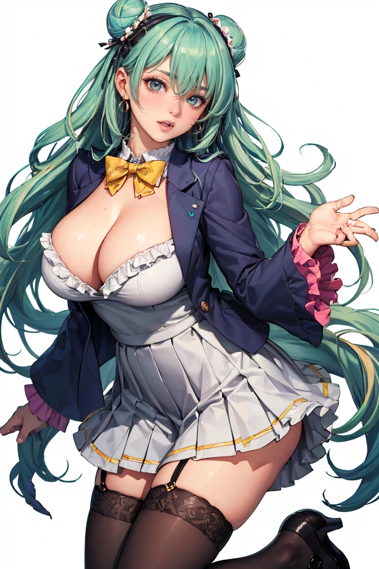 (cowboy shot: 1.5), (white background, simple background: 1.5), (masterpiece:1.5), (big breasts: 1.5), (1 girl: 1.5), young woman, (Beautiful Girl:1.5), (extremely detailed and delicate anime face and eyes:1.5), whole body, (natural light, HDR, extremely details CG:1.3), (dynamic posture: 1.3), {correct body anatomy}, (wide hips: 1.3), (perfect hands: 1.5), single focus, toned body, Beautiful Lips, thick lips, {surreal}, {correct posture}, {minutes details}, {detailed body}, {detailed clothing}, (Bright Eyes: 1.3), (cleavage: 1.3), {accessories}, {sexy}, (Short blazer: 1.5), long sleeves jacket, (open jacket: 1.5), (puffed sleeves: 1.3), (wide sleeves: 1.3), one-piece dress, (wide sleeves: 1.3), (school dress: 1.5), (pleated dress: 1.5), (dress with frills: 1.5), (skirt with lots of frills: 1.5), (white lace-trimmed legwear: 1.5), white thighhighs, (Hakama bow: 1.3), hair flower, (black heels shoes: 1.3), jewelry, (bowtie: 1.5), earrings, (hair bow: 1.3), (long hair: 1.5), (two-tone hair: 1.5), (light blue hair with green streaks: 1.5), hair loop, (bun hair: 1.3), donut hair, (hime cut bangs: 1.5), very thick hair, (hair over eyes: 1.3), glowing hair, (bright light yellow eyes: 1.3),