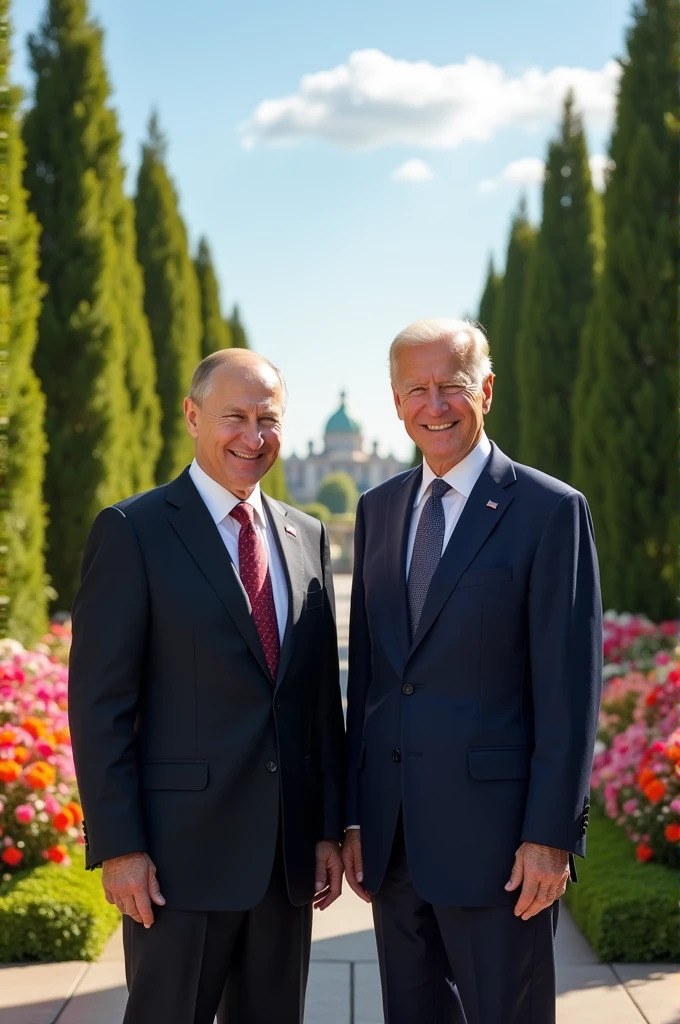 Generate a photo of Putin and Joe Biden smiling together.