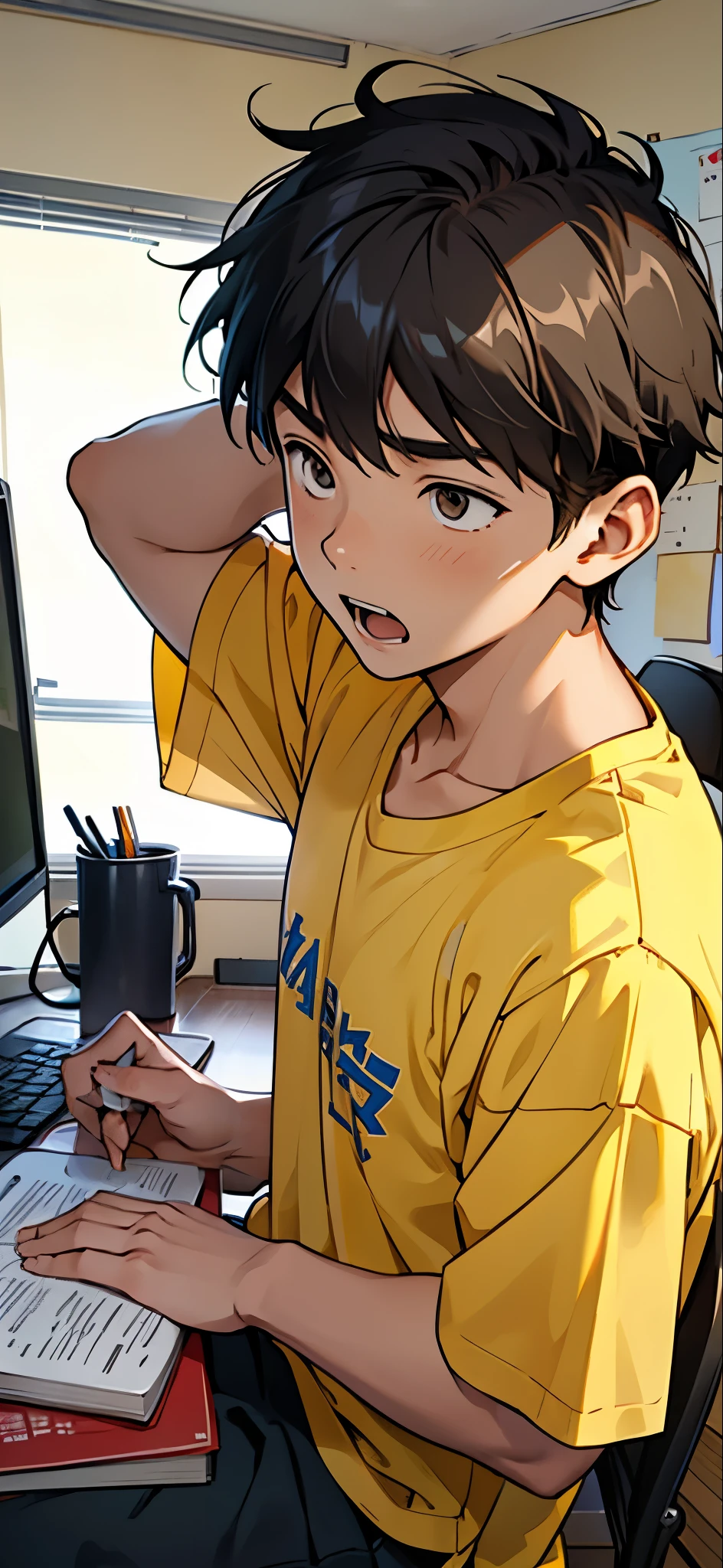 A male high school student wearing a yellow shirt is diligently working on his summer vacation homework at home.。A face expressing despair, shouting, and burning with anxiety.。