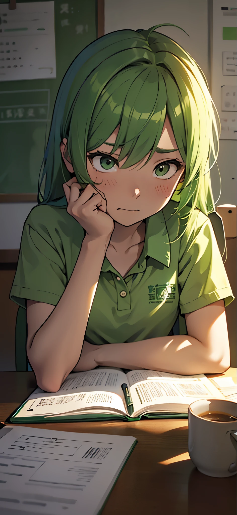 A green-haired high school girl wearing a green shirt is diligently working on her summer vacation homework at home.。A face expressing despair, shouting, and burning with anxiety.。