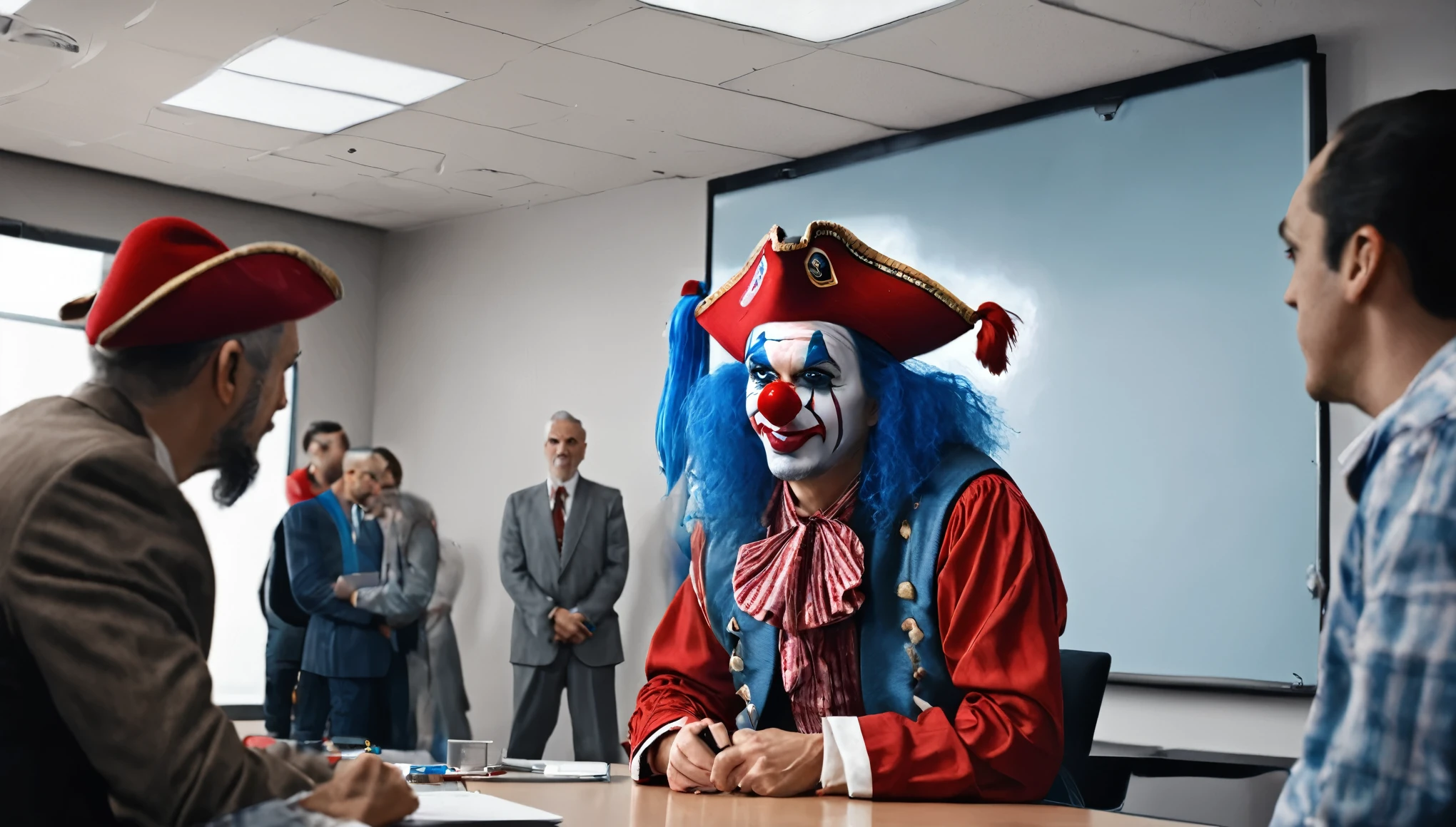 masterpiece, best quality, extremely detailed, hyperrealistic, photorealistic, a cool 40s man, ultra detailed face, clown makeup, red pirate hat, white skin, red nose, blue long hair, wide shot, ultra detailed conference room, whiteboard, standing, talking to everyone