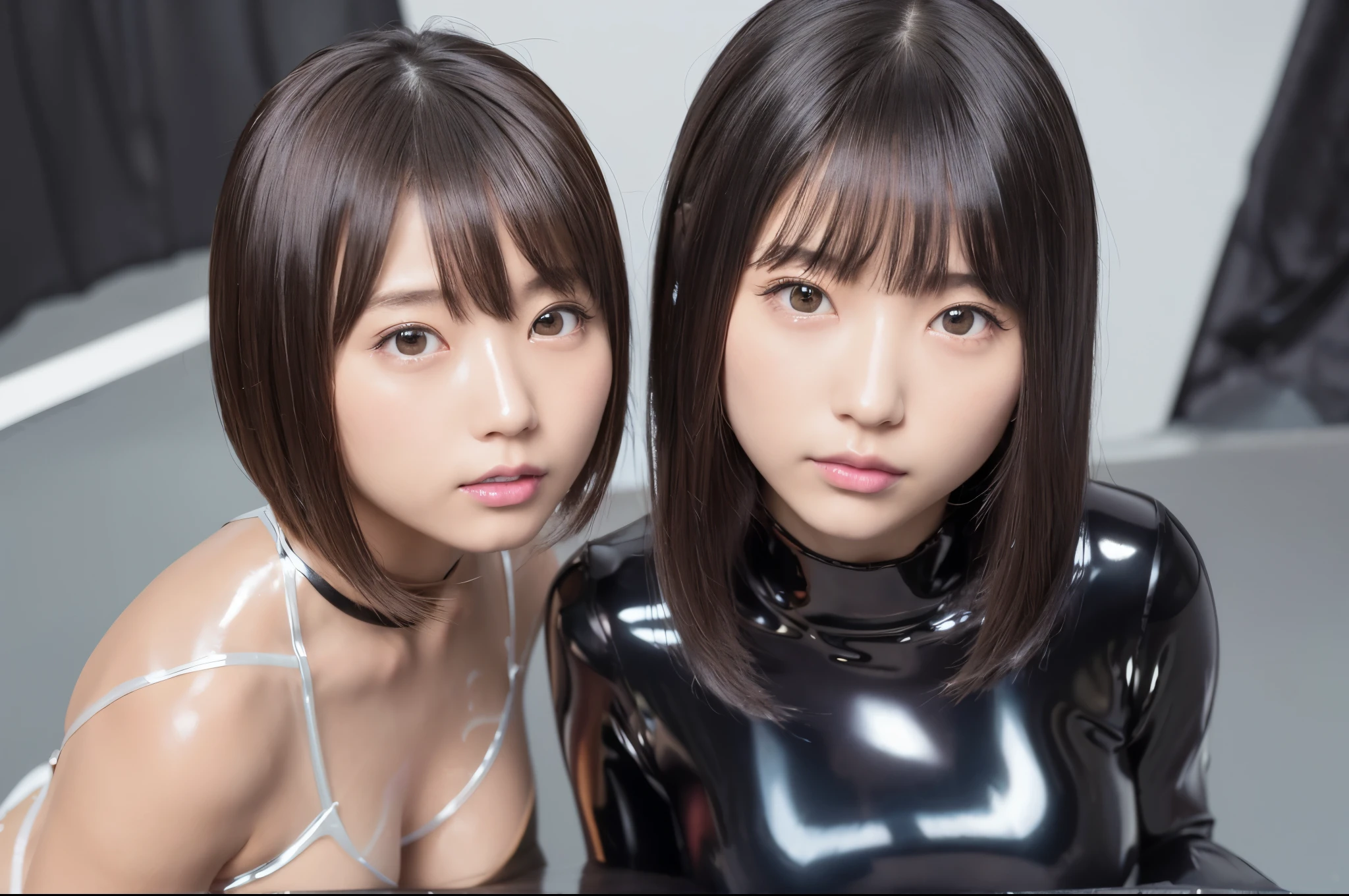 2 GIRLS 18 year old idol、Age is 18 years、highest quality、masterpiece、Ultra-high resolution、RAW Photos、(Realistic:1.4)、1 girl、very cute、 adorable、 Shiny Dress, sexly,(Face without makeup:1.3)、 (Super reflective latex Polarized Paint Dress:1.7)、Very attractive 、（Short ponytail hairstyle：1.6）、The arms are bare skin、Common poses、Precise finger drawing,Polarized Paint Dress made of latex、Super tight dresses、smile、Real Face without makeup、Full body photo、Beautiful black hair、Hair color is black、round jawline、Full body photo shoot、Japanese Girls、（Super short skirt：1.3）、Polarized Paint Dress、Polarized paint latex、Wide-angle fisheye lens、Idol looking down at the camera、close、Ground to ceiling camera angle、Shot from very low angles、straddling a man in bed、