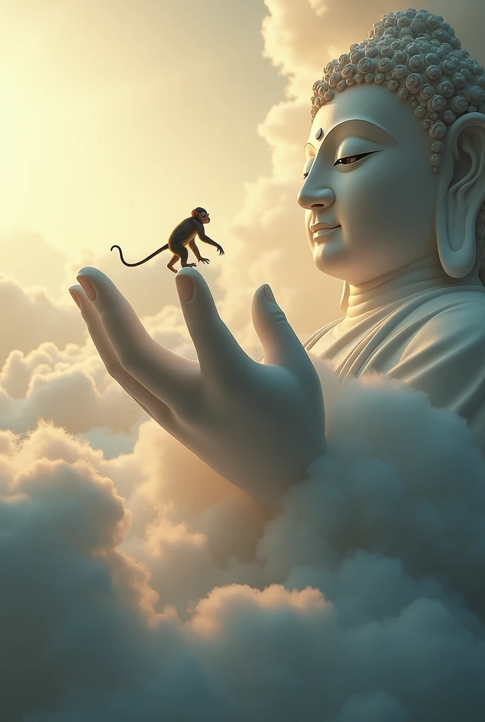 A very large Buddha's finger emerged from the clouds.、A single small monkey riding on a cloud approaches、The contrast in size between the giant Buddha's hand and the small monkey is striking、dramatic、Solemn、sacred、Cinematic、celestial、beautiful、Intricate details、Decorative、8k、Photorealistic、Super detailed、dramaticな照明、Atmospheric、mysterious、Spiritual、Calm、Awe-inspiring、Cinematic composition、Stereoscopic lighting、Shine、Shine、sacred、celestial、beautiful、Sublime、A single monkey riding a cloud approaches the giant hand of a Buddha that has emerged from the clouds, transcending、God-like、omnipotence、Powerful、grow