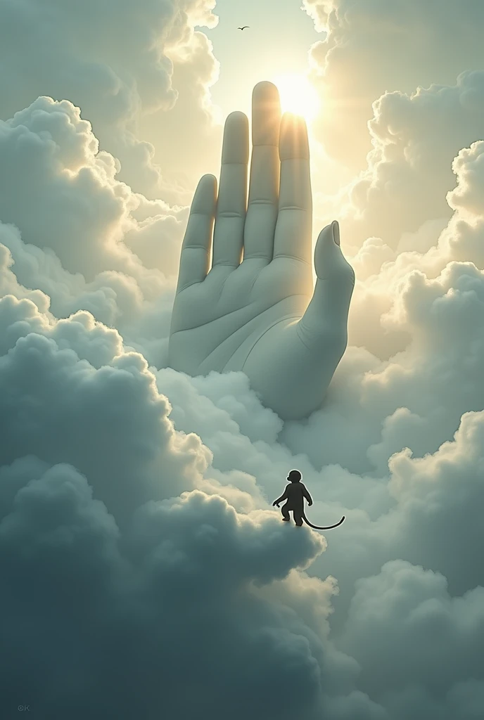 A very large Buddha's finger emerged from the clouds.、A single small monkey riding on a cloud approaches、The contrast in size between the giant Buddha's hand and the small monkey is striking、dramatic、Solemn、sacred、Cinematic、celestial、beautiful、Intricate details、Decorative、8k、Photorealistic、Super detailed、dramaticな照明、Atmospheric、mysterious、Spiritual、Calm、Awe-inspiring、Cinematic composition、Stereoscopic lighting、Shine、Shine、sacred、celestial、beautiful、Sublime、A single monkey riding a cloud approaches the giant hand of a Buddha that has emerged from the clouds, transcending、God-like、omnipotence、Powerful、grow