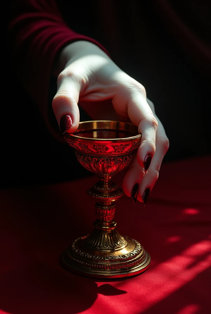 A close-up of a vampire's hand holding a big golden grail filled with blood, holding with single hand, pale white skin, crimson nail color, sharp and pointy nails, photorealistic, ethereal, dramatic lighting, chiaroscuro, intricate details, gothic horror, dark fantasy, deep red colors, dramatic shadows, moody atmosphere