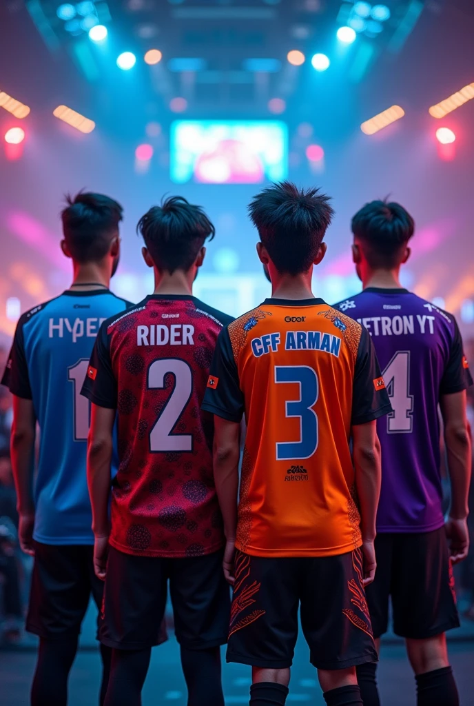 Four eSports players are standing together from the back side first one's name HYPER RIDER jersey number 1 second one's name CRF ARMAN jersey number 2 third one's name Goku jersey number 3 And the name of the fourth one is ketron yt jersey number 4