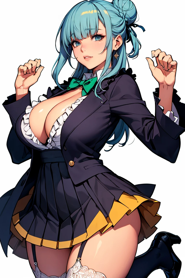 (cowboy shot: 1.5), (white background, simple background: 1.5), (masterpiece:1.5), (big breasts: 1.5), (1 girl: 1.5), young woman, (Beautiful Girl:1.5), (extremely detailed and delicate anime face and eyes:1.5), whole body, (natural light, HDR, extremely details CG:1.3), (dynamic posture: 1.3), {correct body anatomy}, (wide hips: 1.3), (perfect hands: 1.5), single focus, toned body, Beautiful Lips, thick lips, {surreal}, {correct posture}, {minutes details}, {detailed body}, {detailed clothing}, (Bright Eyes: 1.3), (cleavage: 1.3), {accessories}, {sexy}, (Short blazer: 1.5), long sleeves jacket, (open jacket: 1.5), (puffed sleeves: 1.3), (wide sleeves: 1.3), one-piece dress, (wide sleeves: 1.3), (school dress: 1.5), (pleated dress: 1.5), (dress with frills: 1.5), (skirt with lots of frills: 1.5), (white lace-trimmed legwear: 1.5), white thighhighs, (Hakama bow: 1.3), hair flower, (black heels shoes: 1.3), jewelry, (bowtie: 1.5), earrings, (hair bow: 1.3), (long hair: 1.5), (two-tone hair: 1.5), (light blue hair with green streaks: 1.5), hair loop, (bun hair: 1.3), donut hair, (hime cut bangs: 1.5), very thick hair, (hair over eyes: 1.3), glowing hair, (bright light yellow eyes: 1.3),