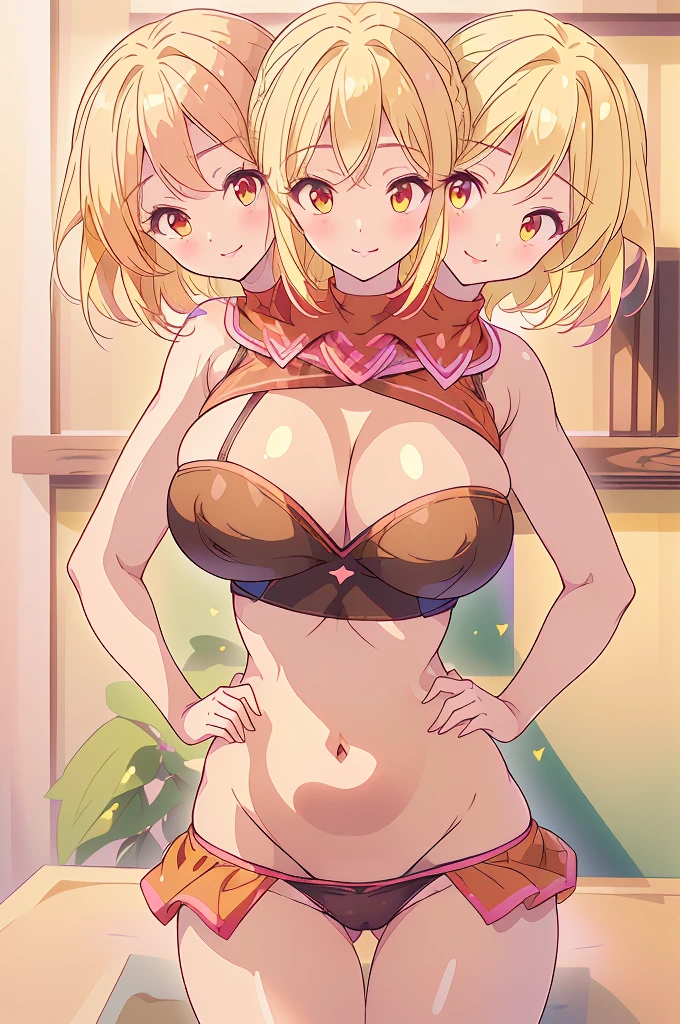 (masterpiece, best quality), best quality, best resolution, (ultra-detailed), ((3heads:1.5)), 1girl, (yuki:1.3), masterpiece, best quality, ultra quality, ultra resolution, ultra detail, dark red and pink top, crop top, ((stomach)), midriff, ((groin)), dark red and pink skirt, normal ears, shackles, ((blonde hair)), short hair, yellow eyes, parted lips, open belly, smiling, cute smile, cute, toned belly, hand on own chest, eyelashes, (24 year old woman:1.3), (masterpiece:1.5), (best quality:1.5), (beautiful detailed), extremely detailed CG, extremely delicate and beautiful, depth of field, (finely detailed face), (perfect details:1.2), (mature female:1.3), wide pelvis, slender, large veiny breast, 16k resolution, highres, very high quality, very high definition, extremely detailed, masterpiece, best quality, ((blonde hair)), short hair, alluring presence, braid, short skirt, close up, very big tits, huge breasts, young, pink ribbon, girl with three heads, same hair color, ((blonde)),