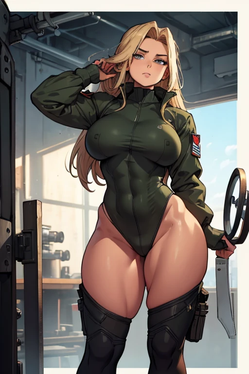 high qualiy, welded, Body with curves, army clothes, without the top, corpo bodybuilder, long hair