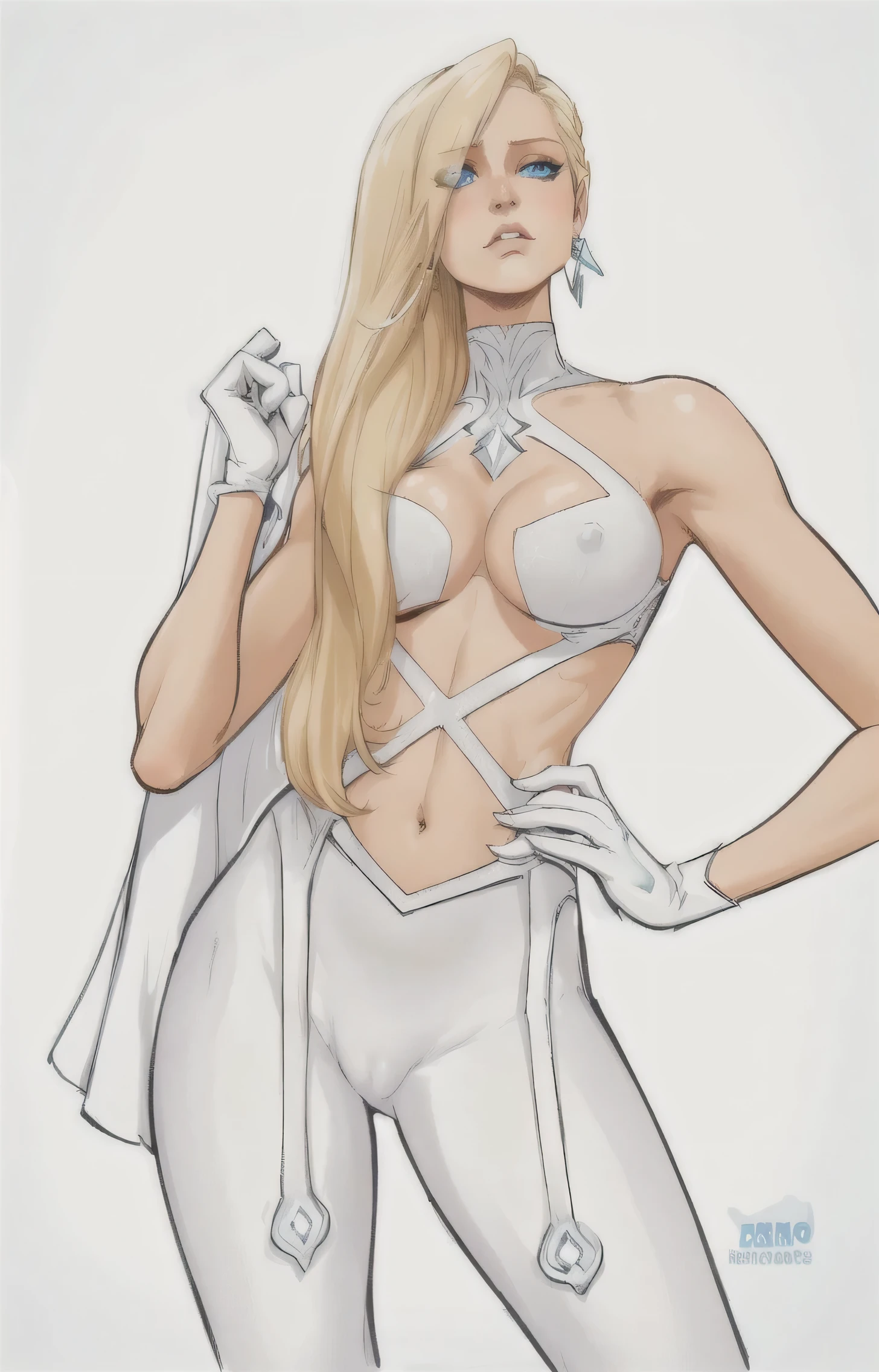 Emma frost, (sfw). ultra realistic, best quality, extremely detailed clothing fabric, perfect lighting, ultra-high res, 8K UHD, 1girl, well-toned, small breasts,detailed hair ,bleached blond hair,very long hair ,ice blue eyes, makeup,hoop earrings,cleavage ,standing, posing, (shy expression.,Emma Frost, bare shoulders, cleavage, thigh highs, gloves,pants,all white  clothing ,x-man symbol