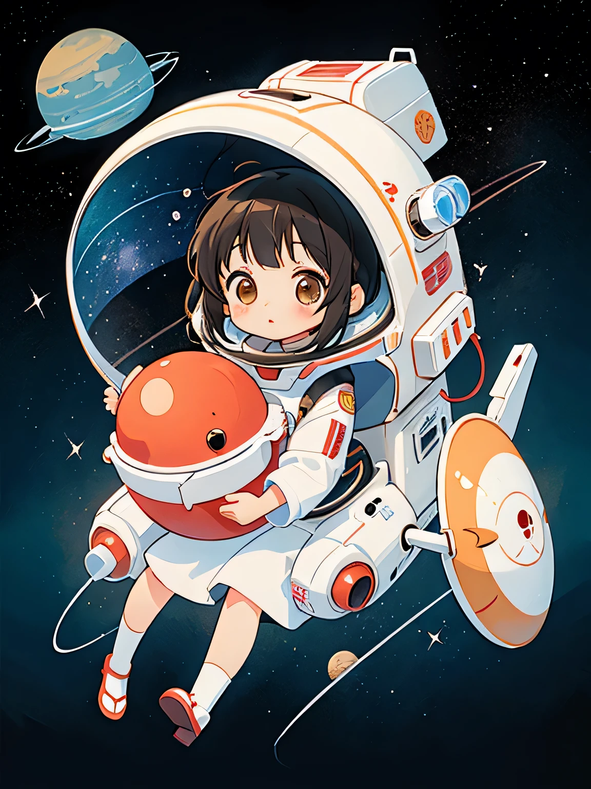 Hayao Mayazaki style, Kawaii Design, The most beautiful girl of all time、Chibi,  Cute Aliens, Space Travel, Mars, Spaceship