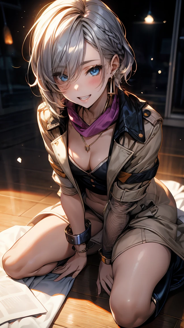 (masterpiece, Highest quality:1.2), (High resolution, 8K RAW Photos, Photorealistic, Clear focus, Weak outline:1.3), (Natural light, Fabric Shading), throw, ((alone:1.5)), (1 mature woman, 28 years old), ((Mature Woman:1.5)), ((NFSW:1.37, Fuju Chest:1.3, Saggy breasts, big , Cleavage, Sexually harass)), ((Bright and beautiful eyes:1.3, Detailed pupil)), ((Winter clothing, Duffle coat:1.2, Knitted scarf around the neck, Long boots)), (Looking at the audience, With a smile, Half-closed eyes), Raised to be sexy, (small open mouth:1.3), ((Silver hair with light purple mesh:1.6, Medium Short Hair, Hair on one eye, Asymmetrical Hair, Half Up Hair, Side Lock)), blue eyes, (Luxurious accessories, necklace, Earrings, bracelet), Bokeh, Dynamic Angle, Leaning forward:1.2, Close-up face:1.5, whole body, From below:1.2, (Correct Anatomy:1.6, Ideal body proportions, The right move:1.5, Small hands),